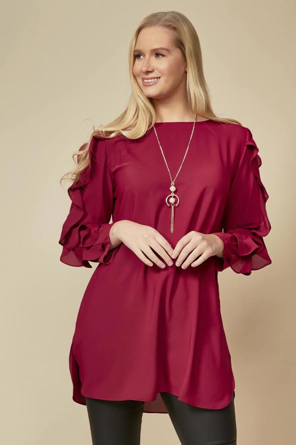 Hoxton Gal Oversized Ruffle Sleeve Relaxed Fit Tunic in Burgundy