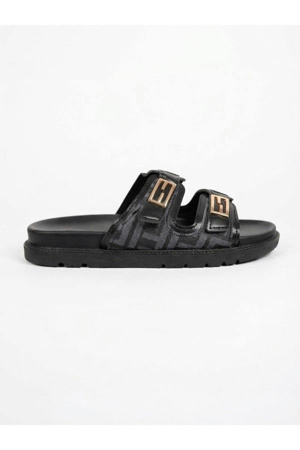 Willow Patterned Buckle Sandals - Black