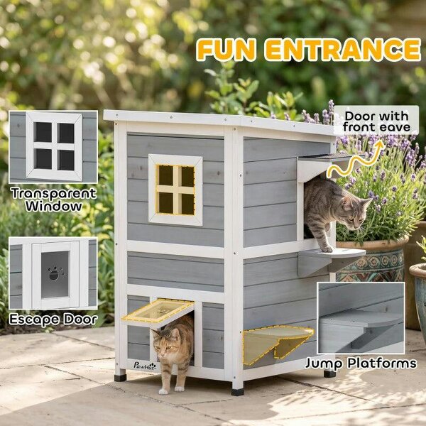Wooden Cat House 2-Floor Outdoor Kitten Shelter with 3 Doors and Window Grey