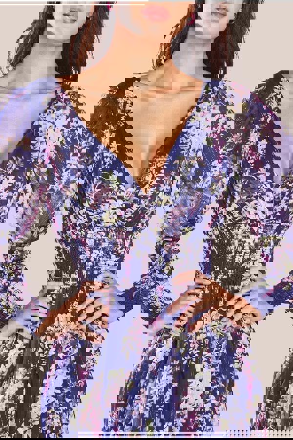 Printed Lurex Chiffon Long Sleeve Midi Dress - Navy DR3948QZ