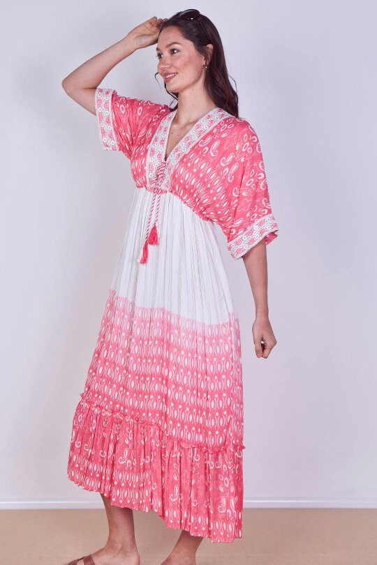 Boho Embroidered Maxi Dress with Tassel Tie – One Size (UK 8–14)