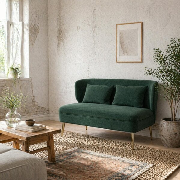 Wyld Haus Madi Linen Effect Dark Green 2 Seater Sofa With Wingback Design And Gold Metal Legs
