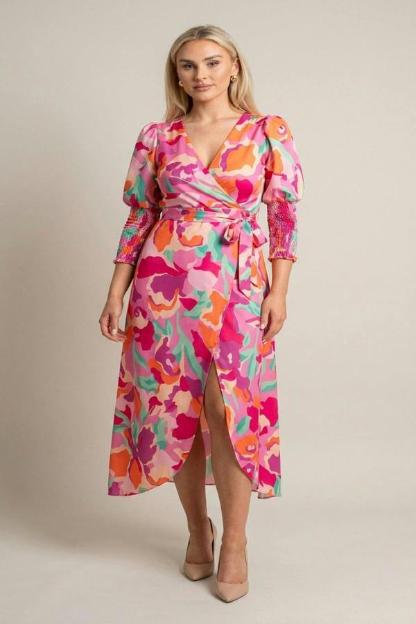 Haniya Wrap Front Printed Midi Dress - Pink