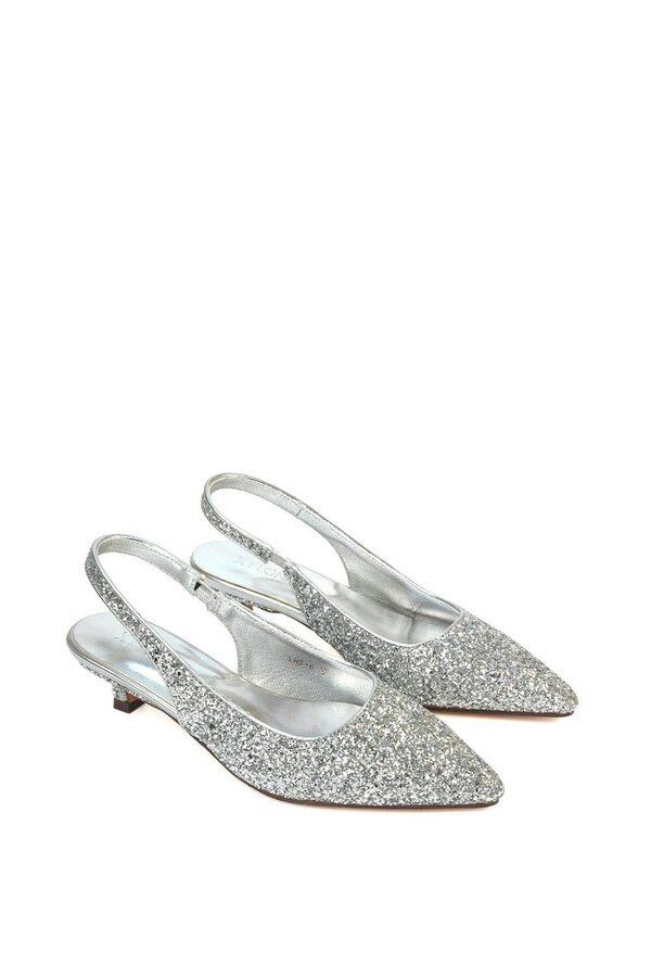 XY LONDON Pointed Toe Glitter Slingback Kitten Heel Court Shoes