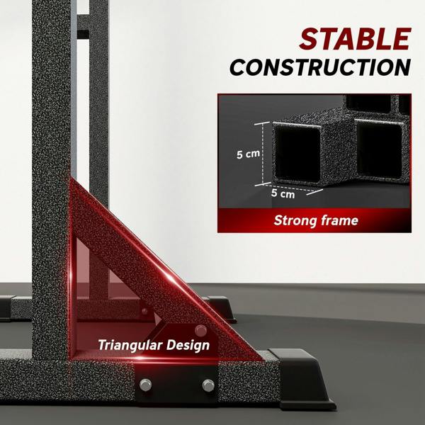 Heavy-duty squat rack base with triangular gusset, thick steel frame, and non-slip feet