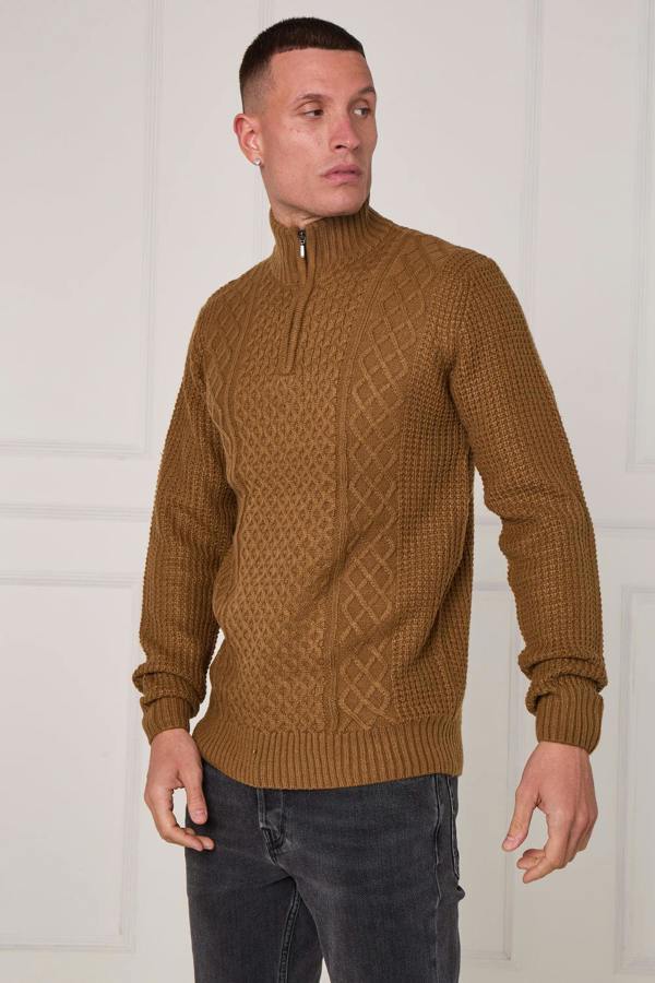 Men’s Half Zip Cable Knit Textured Jumper - Brown