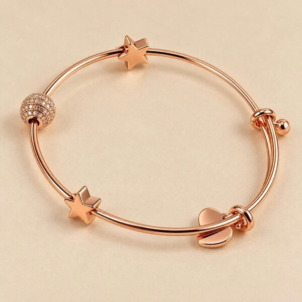 The Colourful Aura Rose Gold Plated Brass Star Heart Charm Adjustable Bangle Bracelet