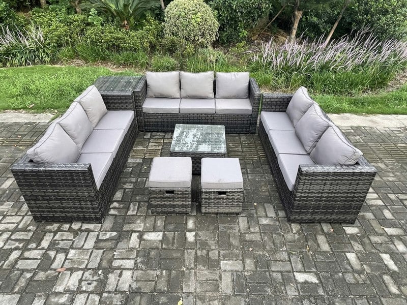Fimous 11 Seater Outdoor Rattan Garden Furniture Set Patio Lounge Sofa Set with Side Table Square Coffee Table 2 Small Footstool Dark Grey Mixed