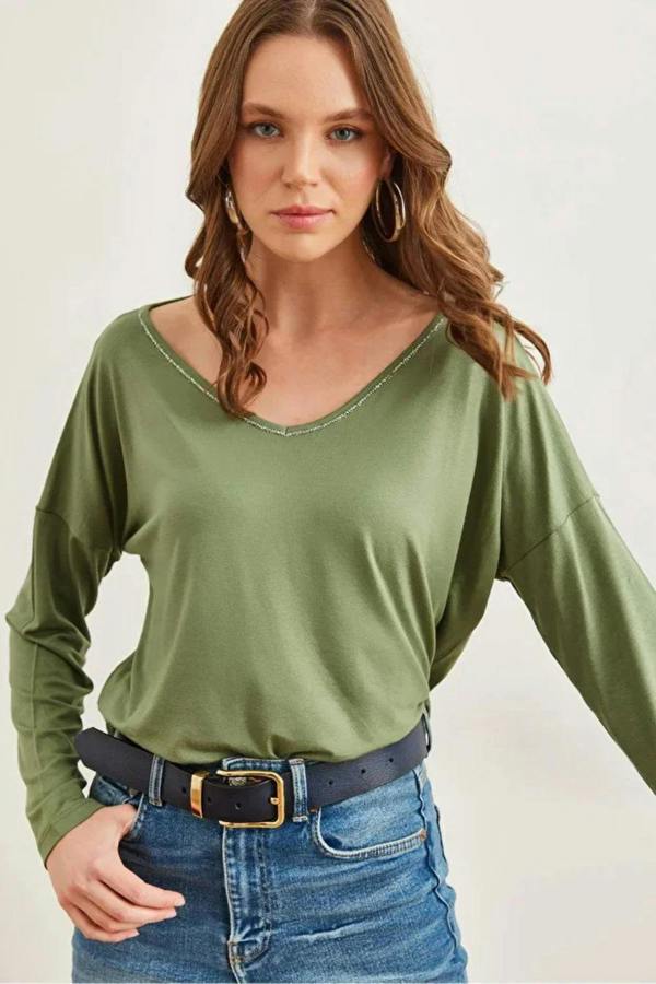 Hoxton Gal V-Neck Viscose Blouse with Silver Stitching Details