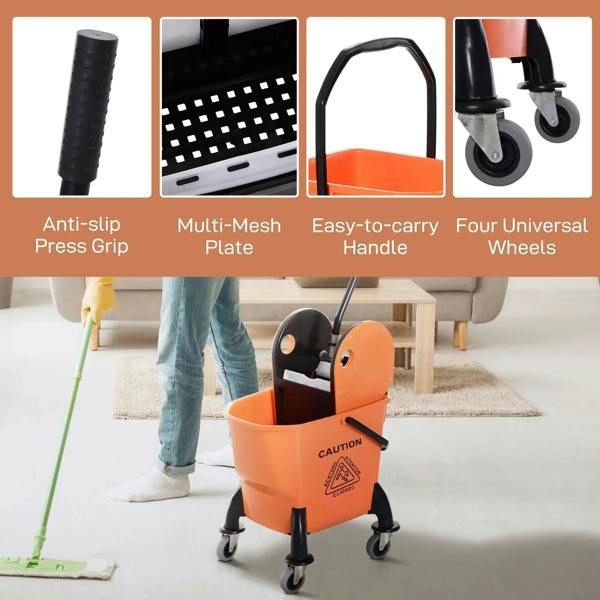 Orange mop bucket with wringer and four universal wheels, detailed features