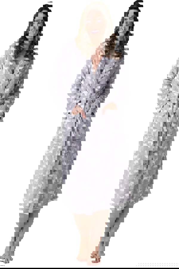 Camille Women's Grey Star Supersoft Fleece Hooded Calf Length Bathrobe