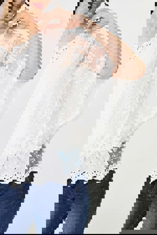 White | Broderie Anglaise Semi Sheer Peplum Top
