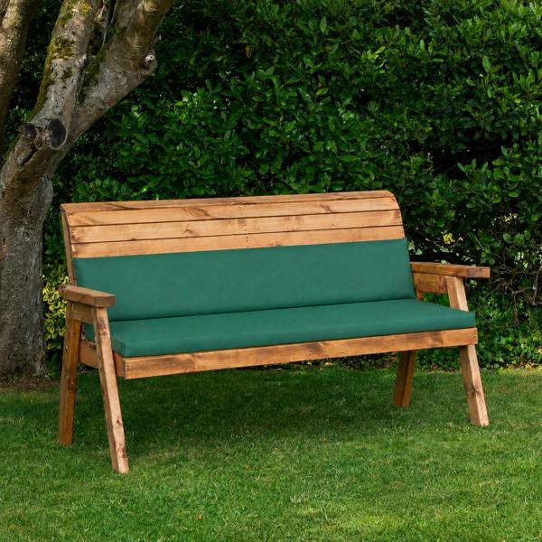 Samuel Alexander Hand Made 3 Seater Chunky Rustic Wooden Garden Bench & Waterproof Green Cushions