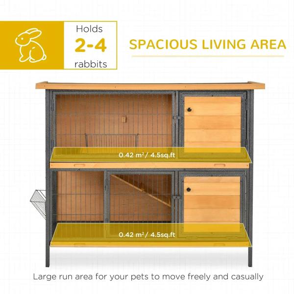Rabbit hutch interior with two open levels, wire mesh sides, and yellow no-leak trays
