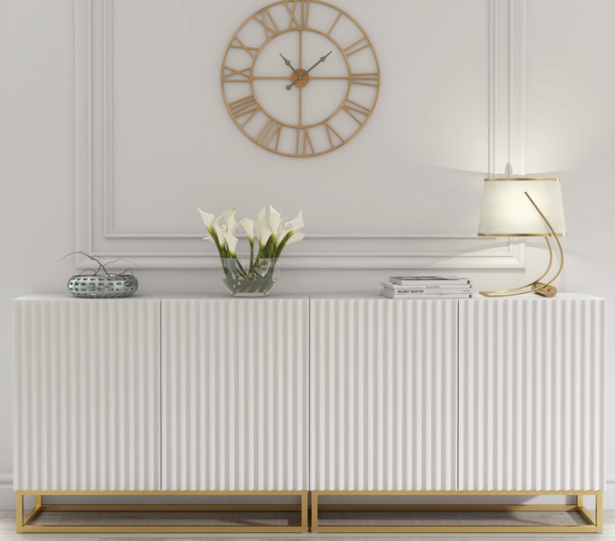 Mex Furniture Sophisticated White Sideboard with Fluted Fronts & Gold Legs – 200cm Storage Unit
