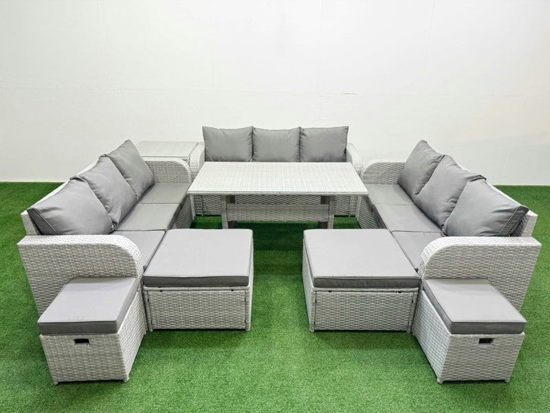 Fimous PE Rattan Lounge Sofa Set 10 Seater Outdoor Garden Furniture Set with Dining Table 3 Seater Sofa 2 Big Footstools Side Table Light Grey