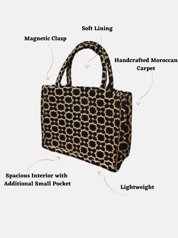 Berber Leather Moroccan Geometric Print Fabric Tote Bag in Black