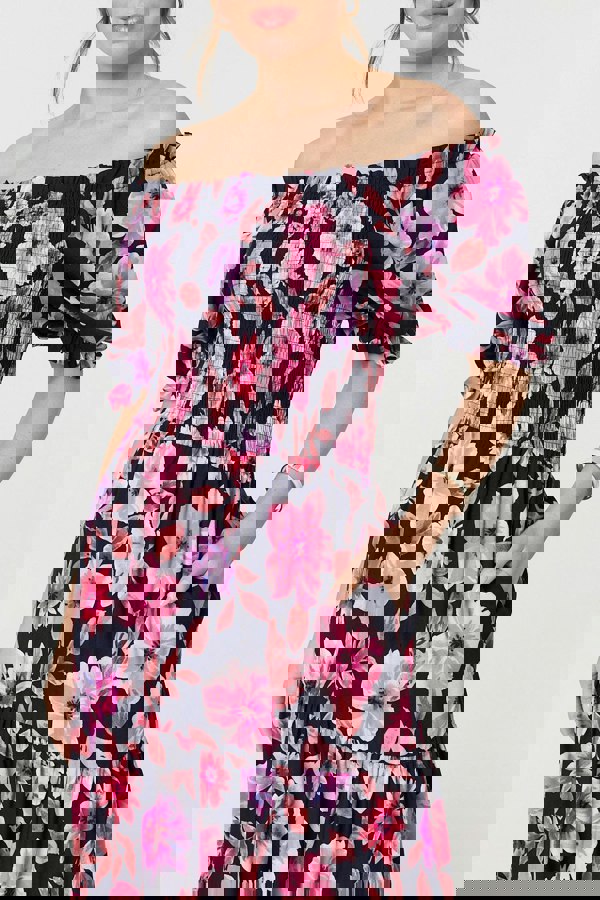 Navy | Floral Puff Sleeve Bardot Midi Dress
