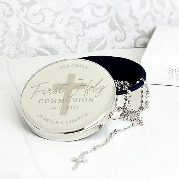 Personalised First Holy Communion Round Trinket Box & Rosary Beads Set - alternative angle