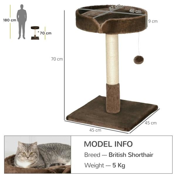 Brown small cat tree with cushioned top perch, vertical scratching post, flat base, hanging ball