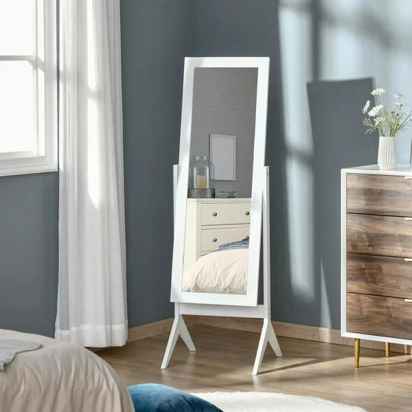 White full-length dressing mirror with adjustable stand and reflective frame