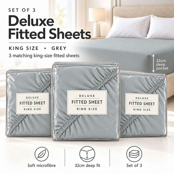 Smart Living Set of 3 King 32cm Deep Deluxe Fitted Sheet - Grey