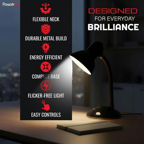 Powatron Flexible Desk Lamp with Bulb Adjustable Neck Metal Construction On/Off Switch & 1.5m Cable W/BS Approved Plug Mains Powered Desk Lamps