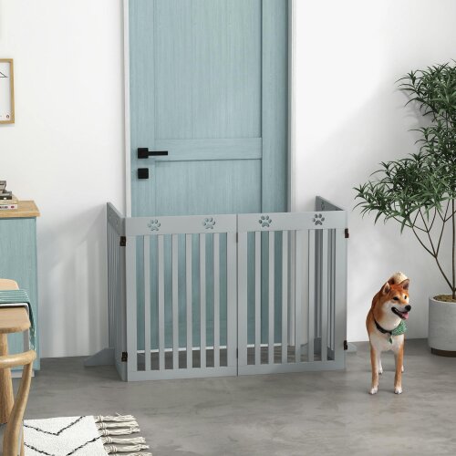 PawHut Pet Gate Foldable Fence Freestanding Dog Barrier w/ Support Feet - Grey