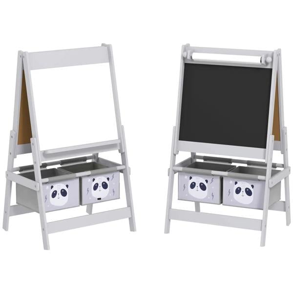 Grey kids art easel with chalkboard, paper roll and storage tray, panda bins
