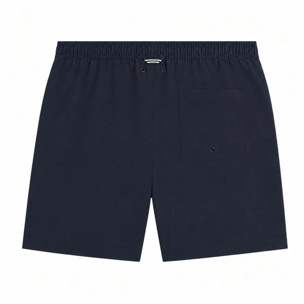 Fred Perry navy swim shorts with elastic waist, drawstring, and single back pocket.