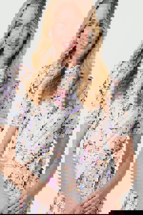 White | Floral High Neck Tie Waist Short Dress
