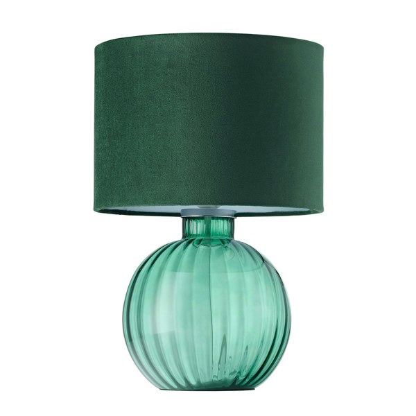 Contemporary Emerald Ribbed Glass Table Lamp with Forest Green Velvet Shade Image 1