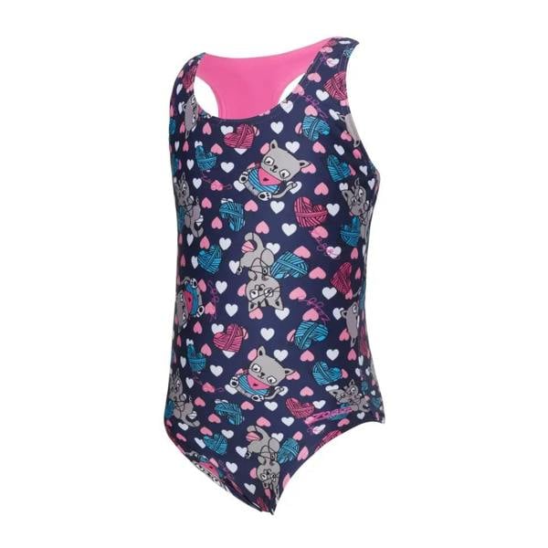 Zoggs Tots Girls Kitty Actionback swimsuit in navy blue with pink accents and elephant print