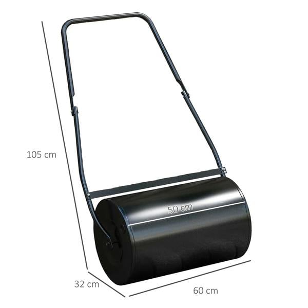 Black lawn push roller with round steel cylinder and carrying handle frame
