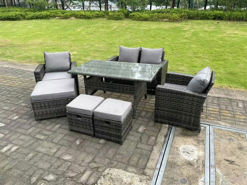 Fimous 7 Seater Grey Mixed High Back Rattan Sofa Set Dining Table Garden Furniture Outdoor