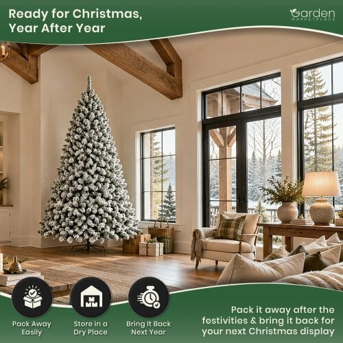 Flocked Woodcote Spruce Christmas Tree 2.4m – Snow Effect Tree with 1296 Tips, Hinged Branches & Metal Stand