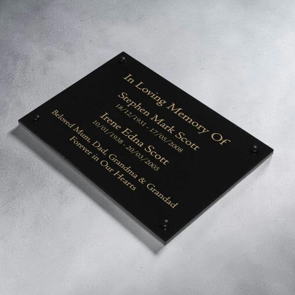 Memorials Direct Granite Memorial Wall Mounted Plaque for Two Names, Free Personalised Gold Engraving
