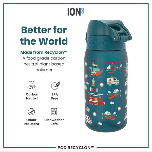ION8 Leak Proof Kids Water Bottle, Recyclon, Rescue Vehicles, 350ml (12oz)