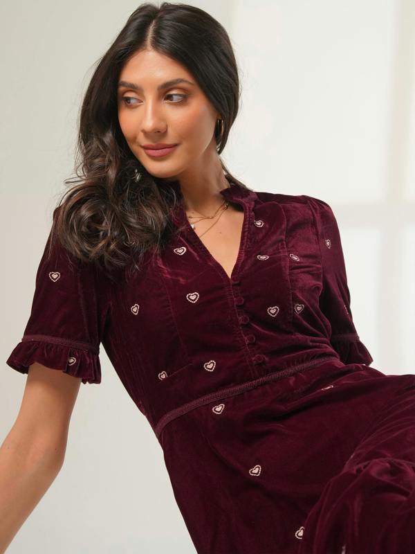 Rose & Nancy Sara Burgundy Heart Embroidered Velvet Dress