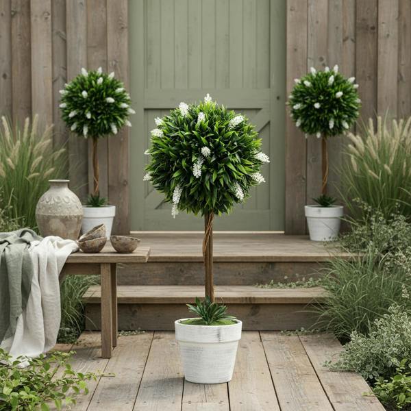 Wyld Haus Fano Neri Set Of 2 Artificial Flower Ball Trees In White With Pots For Indoor And Outdoor Styling 60cm
