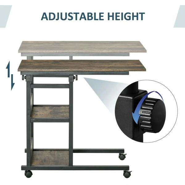 Adjustable-height industrial side table with rustic brown tabletop, three shelves, and casters