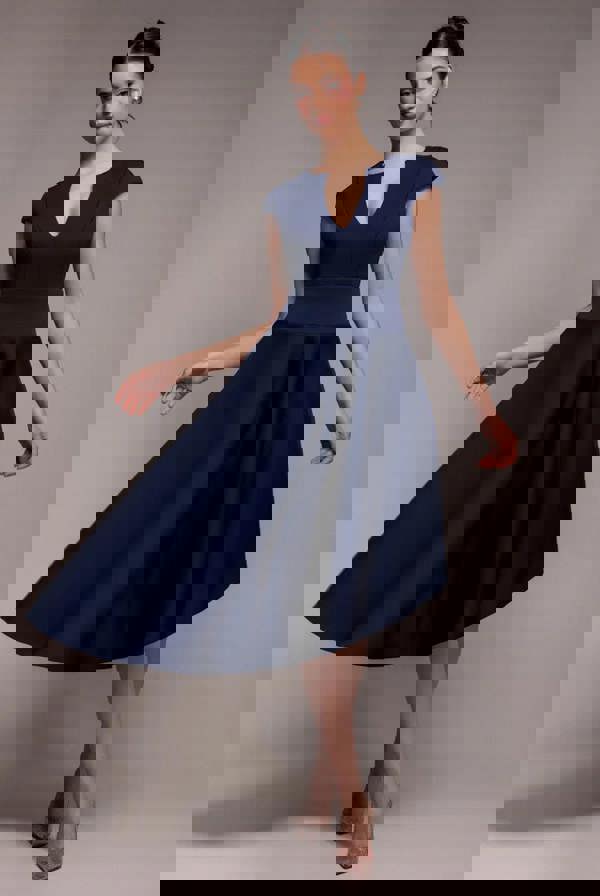 Cap Sleeve Skater High Low Midi Dress - Navy Blue DR5100