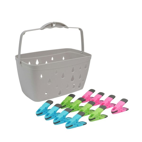 JVL Plastic Peg Basket, Grey with 48 Prism Soft Touch Clip Pegs, Multi