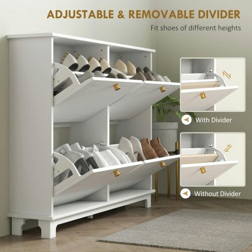 Wyld Haus Zisuka Wooden White Slim Shoe Cupboard With 4 Flip Drawers For 16 Pairs