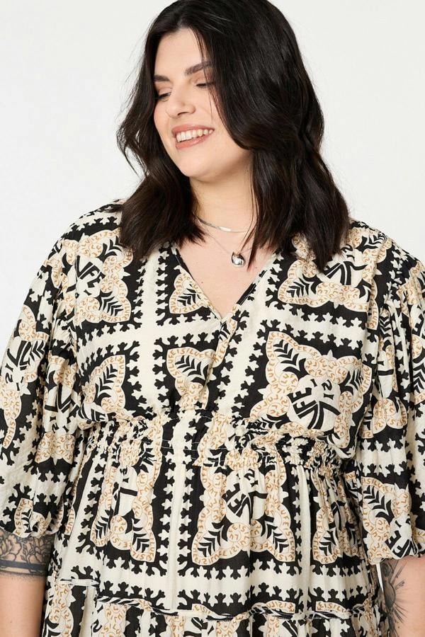 Black | Mosaic Print 1/2 Puff Sleeve Midi Dress
