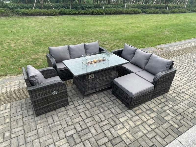 Fimous Rattan Outdoor Furniture Gas Fire Pit Rectangle Dining Table Gas Heater Reclining Chair 3 Seater Sofa Sets with Big Footstool 8 Seater