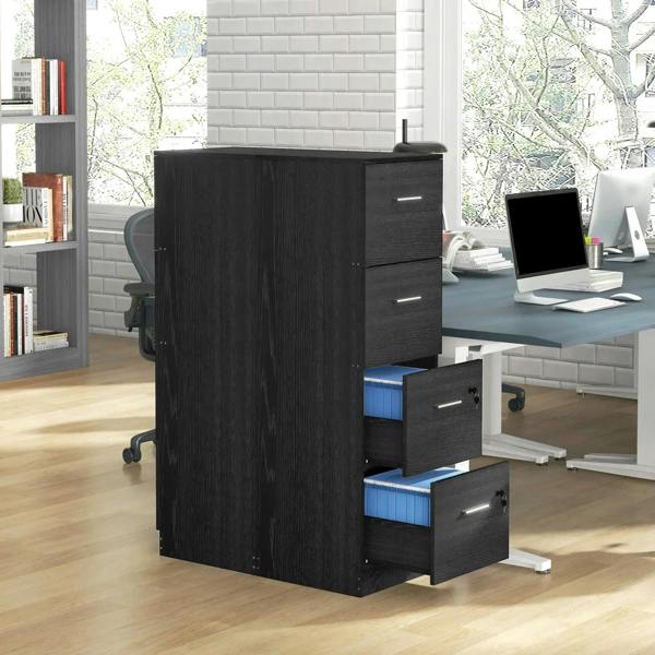 Black wood-effect four-drawer filing cabinet standing in an office, with silver drawer handles