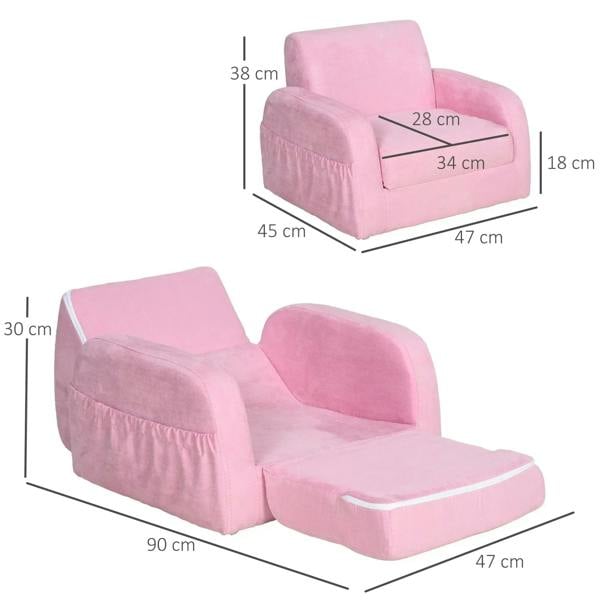Pink kids sofa bed shown in multiple angles with padded seat, backrest, and dimensions
