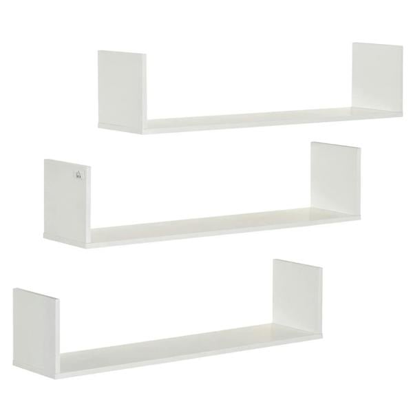 White set of three U-shaped floating wall shelves with open cubby design