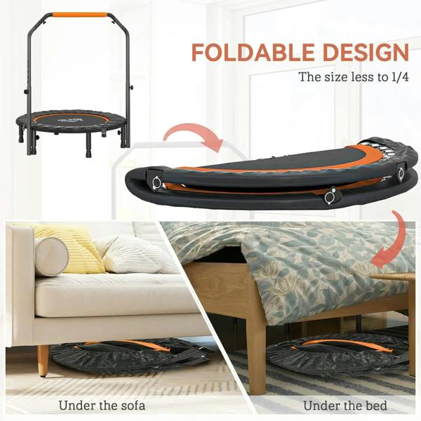 Foldable mini trampoline with orange trim; compact folded position for storage